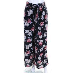 Ellelauri Womens High Rise Floral Print Belted Wide Leg Pants Blue Size S